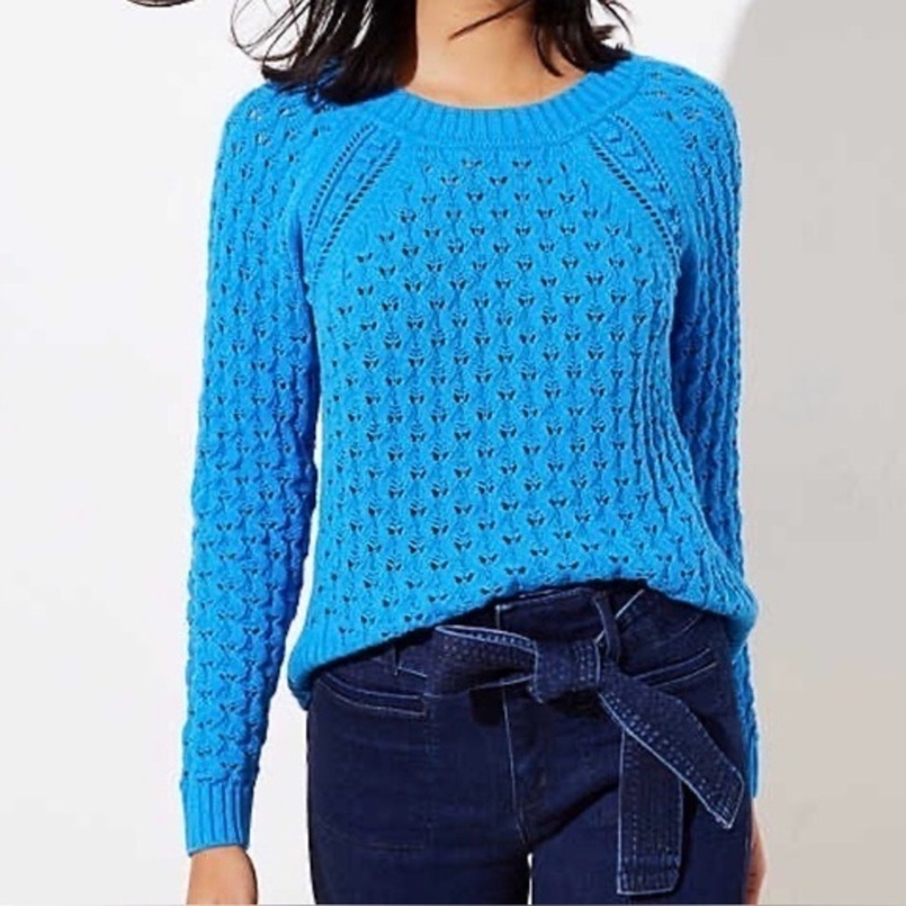 Loft Blue Women's Sweater with Open Knit High‎ Low Size Small It#ie1